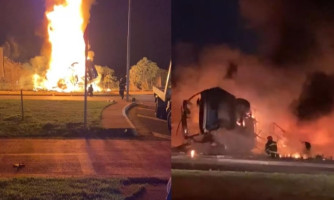 Ônibus de viagem tomba na Estrada da Guia e pega fogo; Video